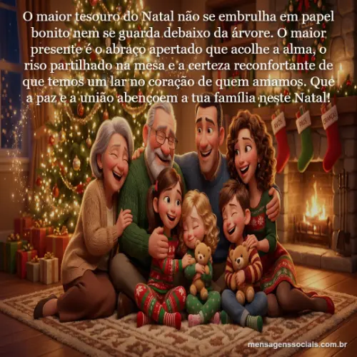 Ilustração de uma família no tapete em frente à árvore de Natal.